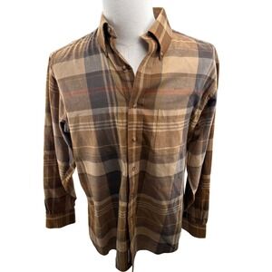 Brooks Brothers 346 Mens Tan Flannel Plaid Button Down Shirt Size Medium